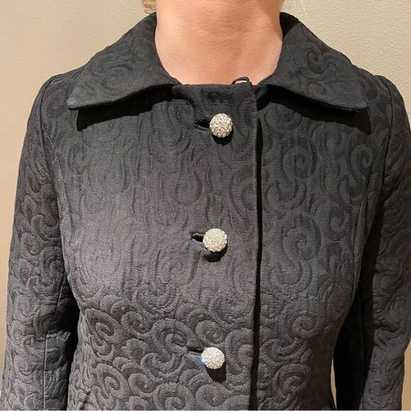 Vintage 1960’s Deadstock Black Matelasse Long Maxi Dress Coat Rhinestone Button - Picture 5 of 10